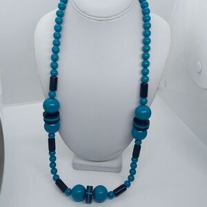 Vintage Chunky Turquoise‎ Color And Black Acrylic Necklace 32"